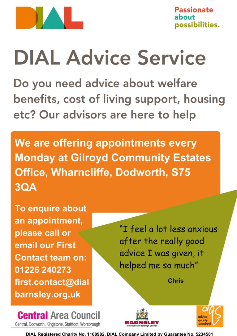 Barnsley Libraries (@barnsleylibs) on Twitter photo <a href="/DIALBarnsley/">DIAL Barnsley</a> provide advice, support & opportunities to disabled people, their families & carers across Barnsley. The appointments in Gilroyd are available for anyone in the Dodworth Ward to access. Check here for support in other areas: dialbarnsley.org.uk
<a href="/CentralteamArea/">Central Area Team</a> <a href="/DIALBarnsley/">DIAL Barnsley</a> provide advice, support & opportunities to disabled people, their families & carers across Barnsley. The appointments in Gilroyd are available for anyone in the Dodworth Ward to access. Check here for support in other areas: dialbarnsley.org.uk
<a href="/CentralteamArea/">Central Area Team</a>