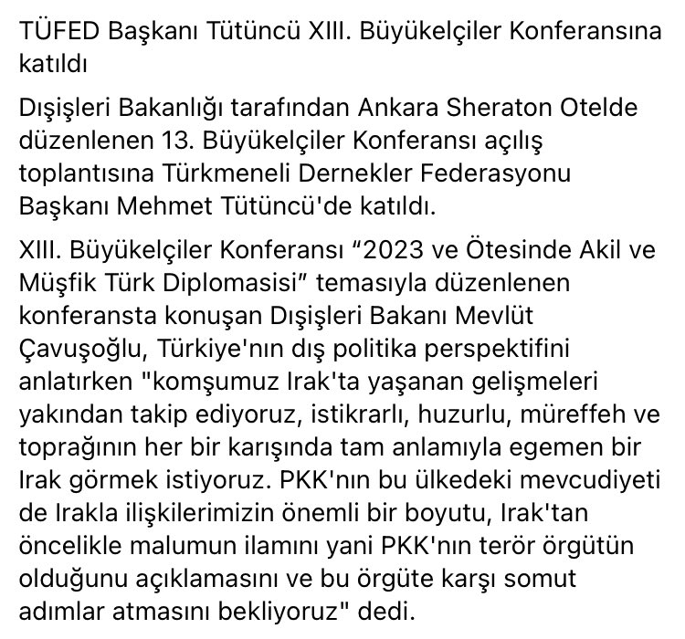 TurkmeneliTurku's tweet photo. TÜFED Başkanı Tütüncü XIII. Büyükelçiler Konferansına katıldı

Dışişleri Bakanlığı tarafından Ankara Sheraton Otelde düzenlenen 13. Büyükelçiler Konferansı açılış toplantısına Türkmeneli Dernekler Federasyonu Başkanı Mehmet Tütüncü'de katıldı. https://t.co/vRBeCzpP4B