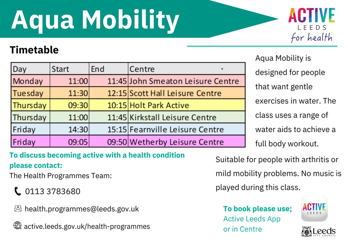 ActiveLeeds's tweet photo. Make a splash in one of our pool-based, low intensity classes. Designed for those who want, or need, gentle exercise in water. https://t.co/1y0doNMXq2