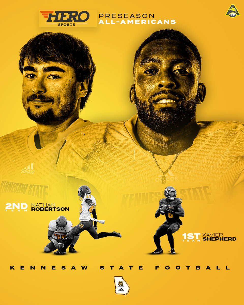 kennesawstfb's tweet photo. Just a couple of @HEROSports_FCS Preseason All-Americans 👇

🗞 https://t.co/0aR9dxUZYG

#GoldStandard | #KSUSwitch https://t.co/ap7MQN7mrk