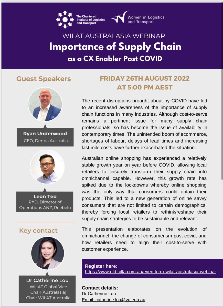 xiaocui2010's tweet photo. Importance of #supplychain as a #customerexperience Enabler Post COVID: WiLAT Australasia and CILT Australia would like to invite you to join us in the webinar on 26th August to hear the insights from our industry leaders. Register through: https://t.co/AxCd2KRLVv https://t.co/gV21AY5Eav