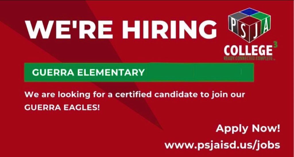 PSJAGuerraElem's tweet photo. We are looking for a certified teacher to join our Guerra Family! 🦅 📚 
Apply today at https://t.co/B68G9AXHdv   @PSJAISD https://t.co/lFWo0M384T