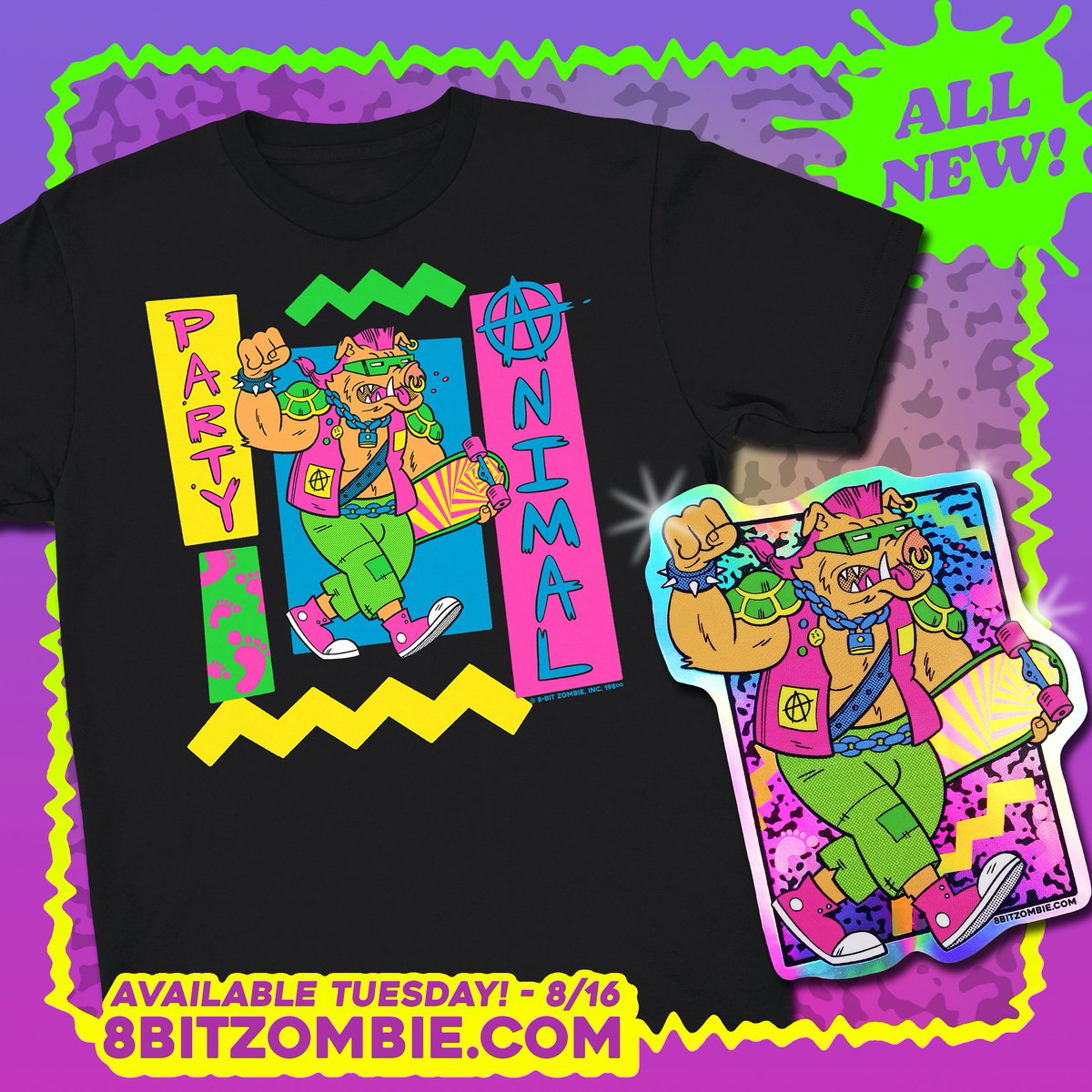 Get ready to release you inner party animal with this all new and totally rad tee! Wallow in these late 80’s vibes while you bebop along with everyone’s favorite punk pig. 🕶🐗🛹🤙 This and another new & gnarly neon sticker/tee combo drop next Tuesday. Stay tuned for more! 😎