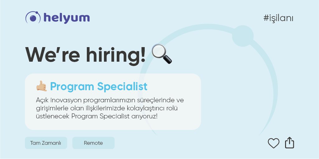 helyum_co's tweet photo. Açık inovasyon programlarımızda genel süreçleri yürütecek ve girişimlerle olan ilişkilerimizde kolaylaştırıcı rolü üstlenecek aramıza Program Specialist olarak katılacak, heyecanlı ve dinamik ekip arkadaşı arıyoruz 🚀
#helyum #hiring #işilanı #programspecialist #startup https://t.co/osHNXbVNRr