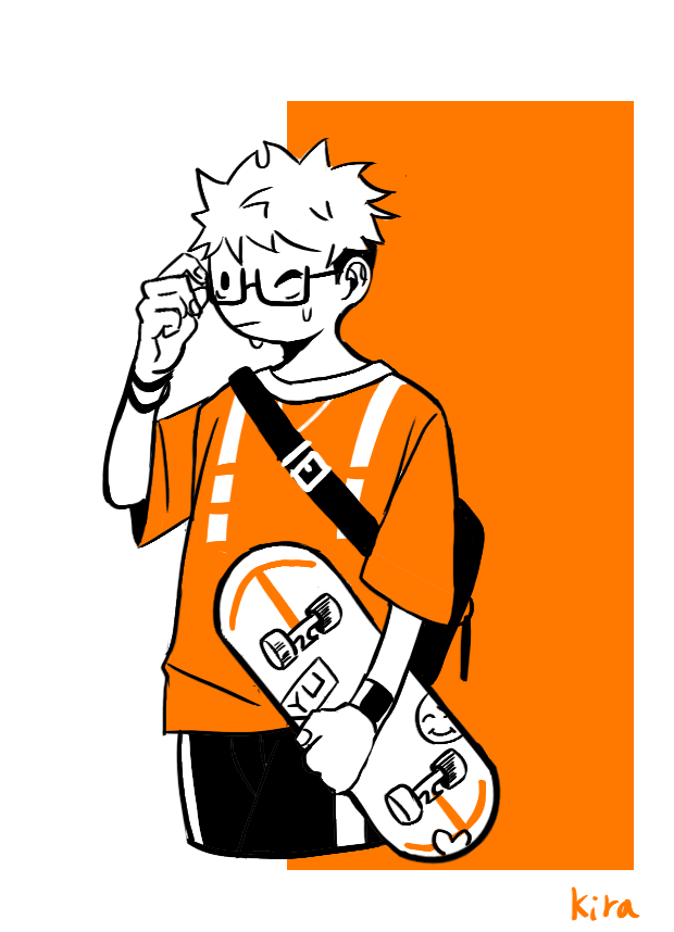 solo 1boy male focus shirt skateboard glasses orange theme  illustration images