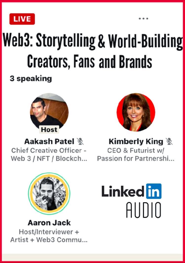 Thank you to everyone who attended / supported my weekly web3 wednesdays and to my featured speakers: 
<a href="/kimberlyking100/">Kimberly King</a> 
<a href="/aaronjackarts/">Aaron Jack Arts</a> 
#Web3 #community
<a href="/22clubnft/">22CLUB NFT-NYC WEB3</a> <a href="/WineArtLife/">p e n e l o p e ★</a> <a href="/sugartivi/">Sugartivi</a> <a href="/lala_adams27/">previously handle of Lianna Adams</a> <a href="/vinikaul/">Vini Kaul🎙️across the globe 2026</a> <a href="/EndgameGlobal/">Ha Nguyen</a>