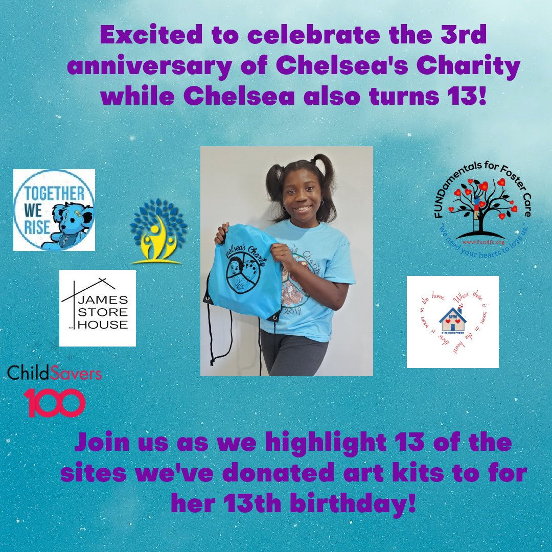 HAPPY BIRTHDAY AND HAPPY 3RD ANNIVERSARY <a href="/CharityChelseas/">Chelsea’s Charity</a>!
To celebrate Chelsea's 13th birthday, she's selected 13 sites that she's donated to over the last 3 years, to highlight throughout the day

Consider supporting them❤️🎨
#Chelseascharity #birthdaygirl #charity