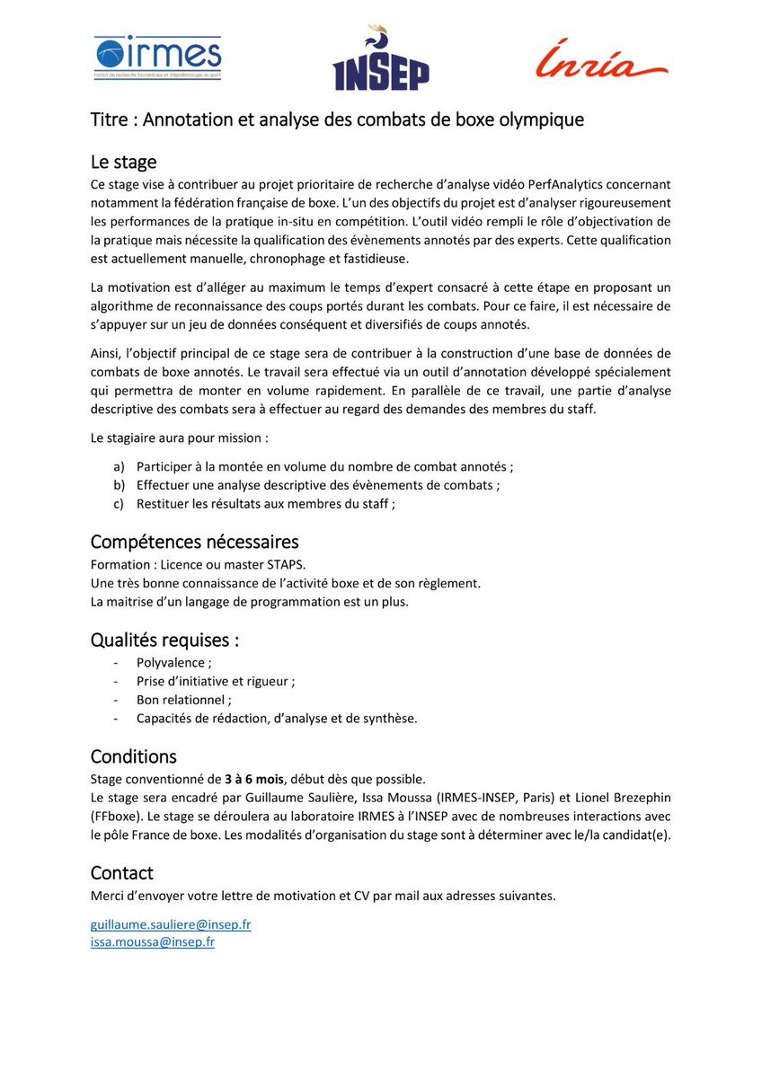 🚨 PerfAnalytics recrute 🚨 

Tu es passionné.e de sport ? Tu es capable de différencier un uppercut d’un direct 🥊 ou un bras à la volée d’un tour de hanche 🤼‍♀️ ? Alors rejoins nous 👀

Deux offres de stage à pourvoir dès que possible. 

⬇️ Toutes les informations ⬇️