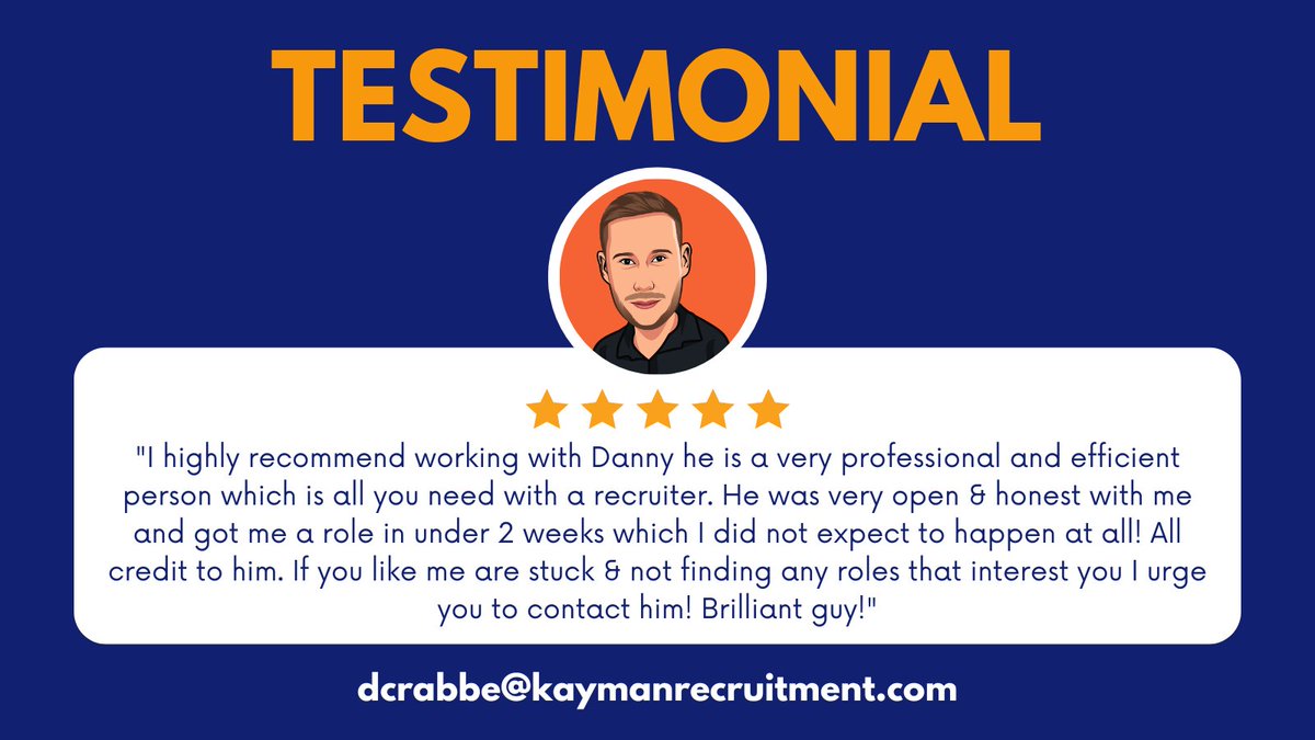 A great testimonial left for one of our Senior Consultants, Danny from a candidate he recently placed.

If you're a recent graduate, trainee or sales professional looking to break into the world of #recruitment then get in touch with Danny today!

dcrabbe@kaymanrecruitment.com