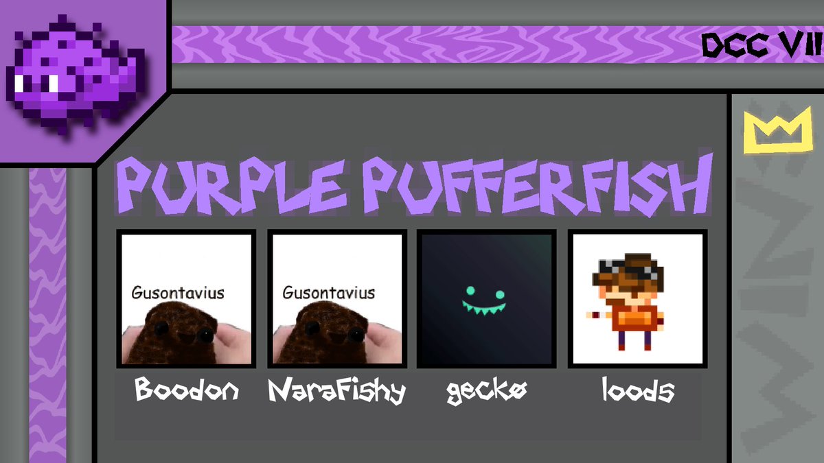 DiscordChamp's tweet photo. 💜🐡ANNOUNCING The Purple Pufferfish
Boodon
NaraFishy
Gecko
Loods https://t.co/JBF6gHHOXn