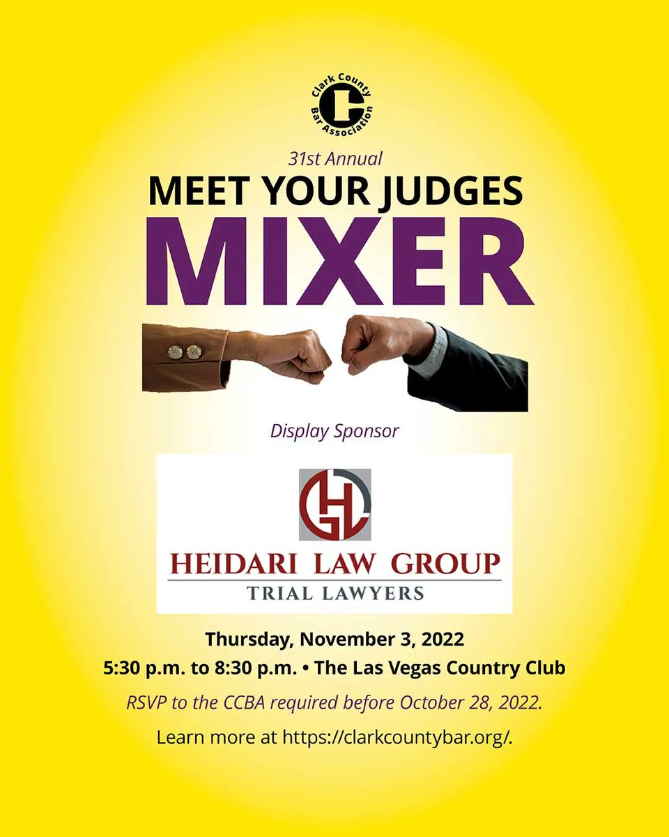 clarkcountybar's tweet photo. SPECIAL THANKS to the great team at Heidari Law Group, PC for sponsoring our big event! #meetyourjudges #clarkcountybar #thefunbar @heidarilawgroup https://t.co/rCDLn7uctf