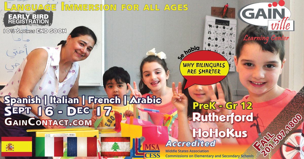 GainVilleUSA's tweet image. .@mommypoppins 🌎 Register for FALL + Save up to $68 on Early Bird 12-week tuitions. Targeting ages PreK - 12. Starting 9/16. Weekly 90min After School Classes with Native Language Instructors... Two Locations: Rutherford or Ho-Ho-Kus, NJ #LanguageLea... bit.ly/3vUXAbC