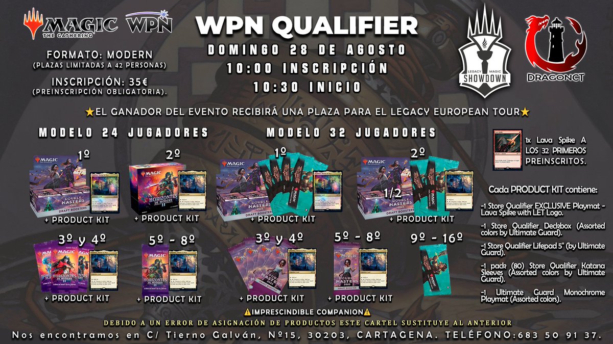 dragonctstore's tweet photo. Aquí el nuevo cartel de nuestro torneo WPN QUALIFIER.
¡Os esperamos el 28 de Agosto!
#wpn #wpnqualifier #DRAGONCT #MTG #MagicTheGathering #Modern #Cartagena https://t.co/K0jBnUlufU