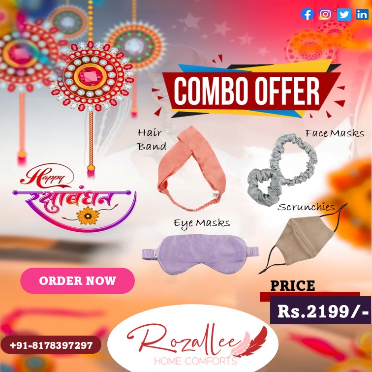 rozallee's tweet photo. HAPPY RAKSHABANDHAN
Rozallee Home Comfort
Combo Offer
-Silk Hair Band
-Silk Face Masks
-Silk Eye Masks
-Silk Scrunchies
Price Rs.2199/-
Order Now on +91-8178397297
#rozallee #rozalleehomecomfort #silkfacemask #silkscrunchies #silkhairband #silkeyemask #combo #combooffer #discount https://t.co/9eqIUQLYkg