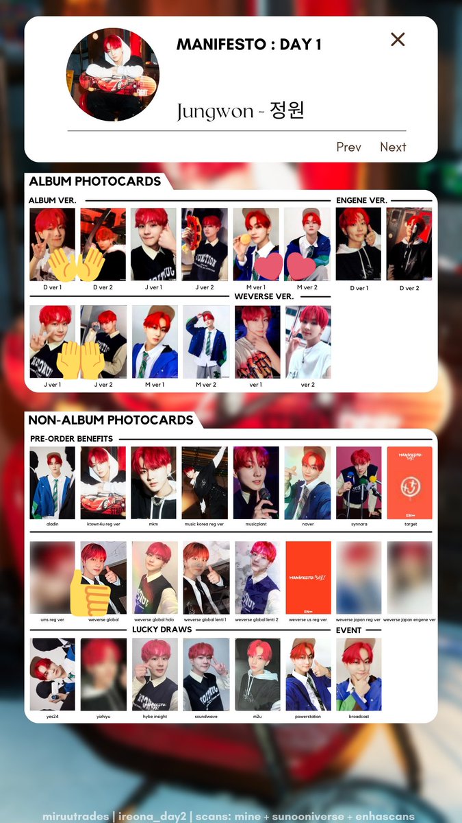 ggucart's tweet photo. ♡Leys wishlist♡
wtt lft ph Enhypen manifesto day one d, j, engene version weverse global pob

Jungwon:
→ D ver. → Heeseung v.1, Jay v.2
 → M ver. → Ni-ki v.1, Jake v.2
  → J engene ver. → Heeseung v.1 Sunghoon v.2
   → non-holo → Sunoo non-holo pob https://t.co/dLI6Zxd2pT