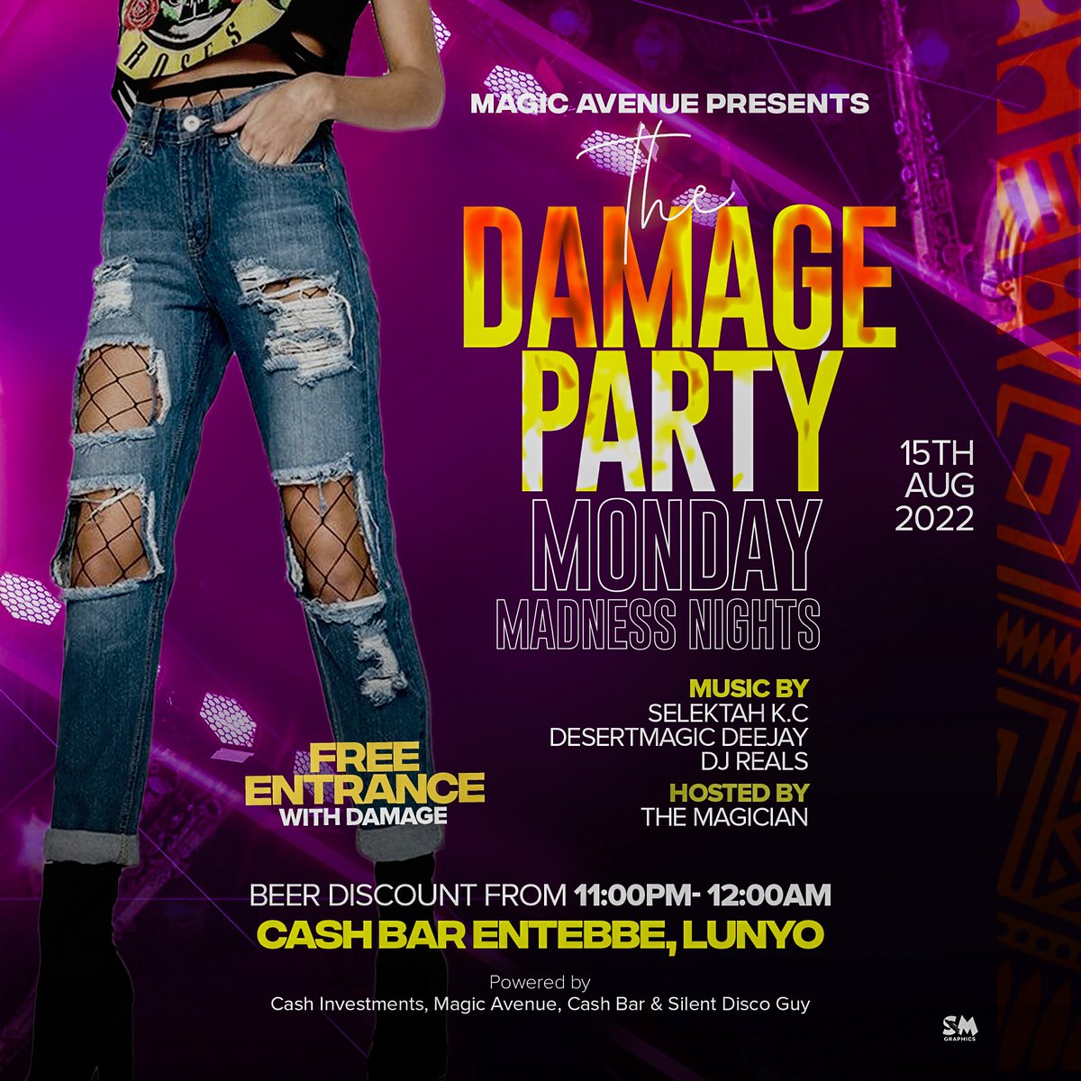 DesertmagicC's tweet photo. Officially, The Damage Party is here at Cash Bar Entebbe this Monday, Free Entrance for those with Damage and for those without Damage, you buy a drink. A lot of Surprise Performances and Games to be played. So don't miss this Monday. Free beers for the first 20 Girls in Damage https://t.co/Jkm95sqxFr