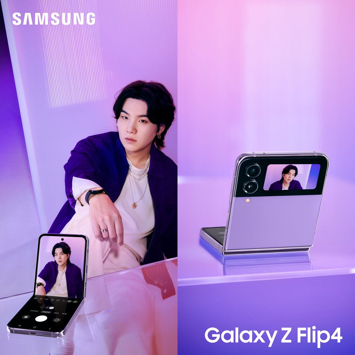 SamsungEspana's tweet photo. Desplegando nuestro mundo✨🌍 con @BTS_twt y el nuevo #GalaxyZFlip4💜💜💜💜💜

#GalaxyxBTS🫶🏽