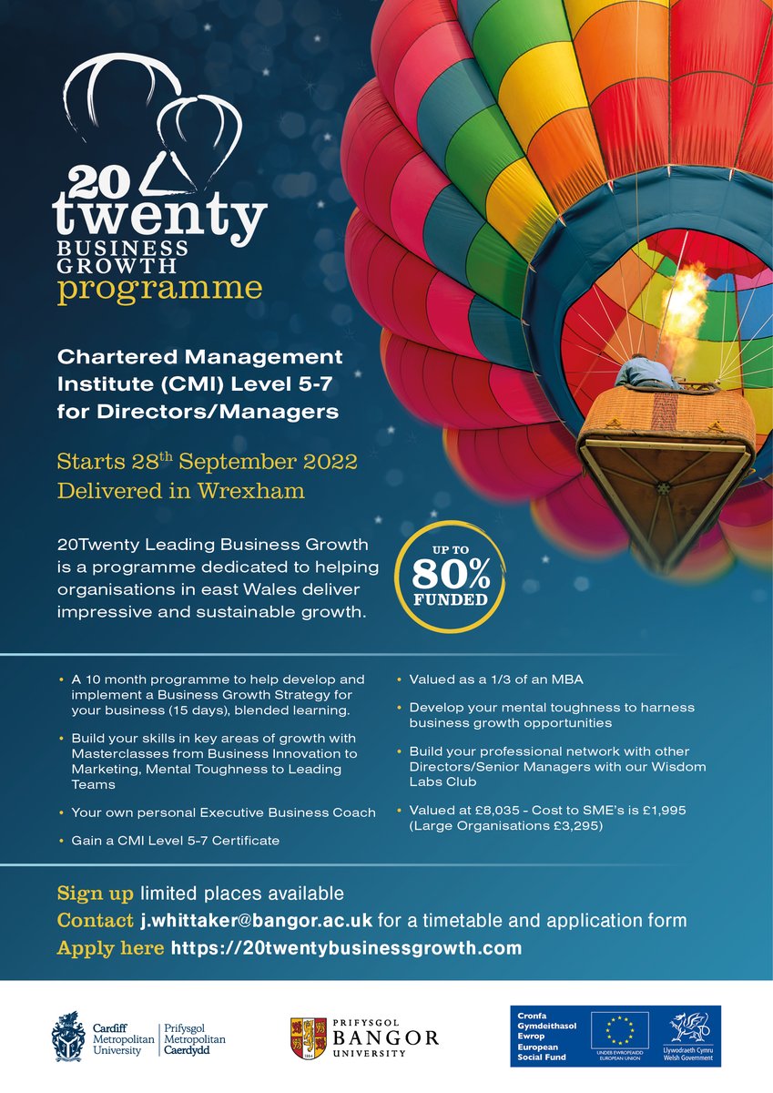 Last chance to sign up to our 20Twenty Leadership and Business Growth Programme in #Wrexham Sept - For ALL businesses in #NorthEastWales >80% funded Pls RT <a href="/GillandShaw/">Ashley Rogers</a> <a href="/CSPowys/">Cyngor Sir Powys</a> <a href="/FlintshireFSB/">FlintshireFSB</a> <a href="/FlintshireCC/">Flintshire Council</a> <a href="/BangorUni/">Bangor University</a>  <a href="/NWalesSocial/">#NorthWalesSocial ⬆️🏴󠁧󠁢󠁷󠁬󠁳󠁿🤝</a> <a href="/DeesideDotCom/">DEESIDE.com</a> <a href="/PatriciaC_FCC/">Patricia Carlin</a> <a href="/FoodTrailWales/">Clwydian Range Food & Drink</a>