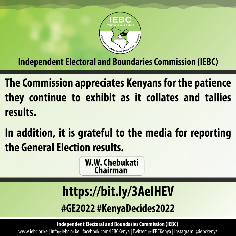 IEBCKenya's tweet photo. The Commission appreciates Kenyans for the patience they continue to exhibit as it collates and tallies results. 
In addition, it is grateful to the media for reporting the General Election results.
--W.W. Chebukati, IEBC Chairman
https://t.co/QkTfCYaEWm
#GE2022 #KenyaDecides2022 https://t.co/bqld09H172