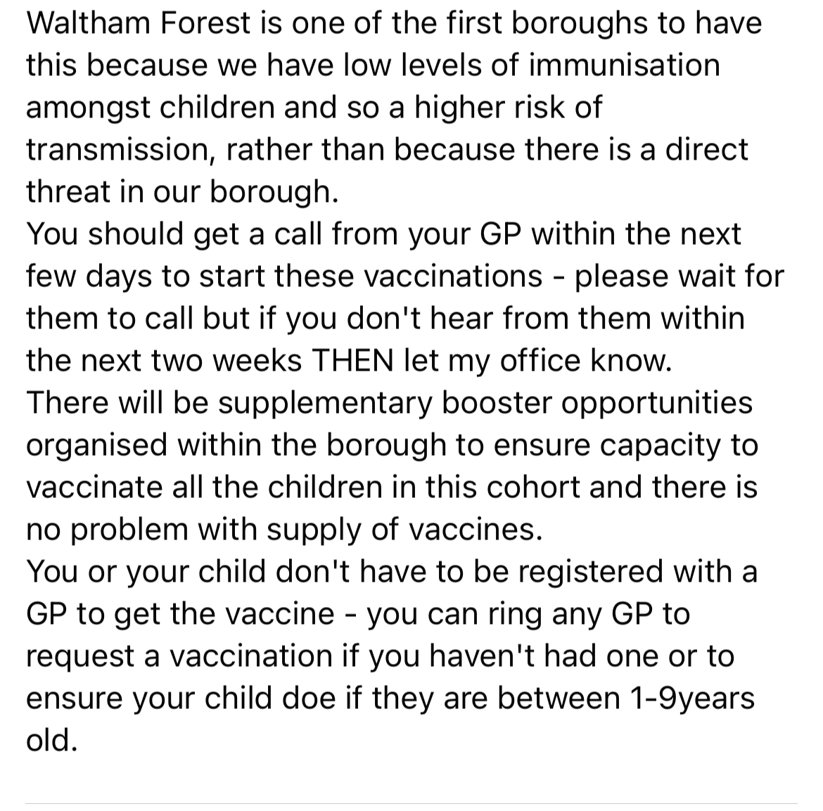Walthamstow have posted this update about the forthcoming polio vaccine programme for children- please do share these pictures to help try to update local parents and carers on what’s happening!