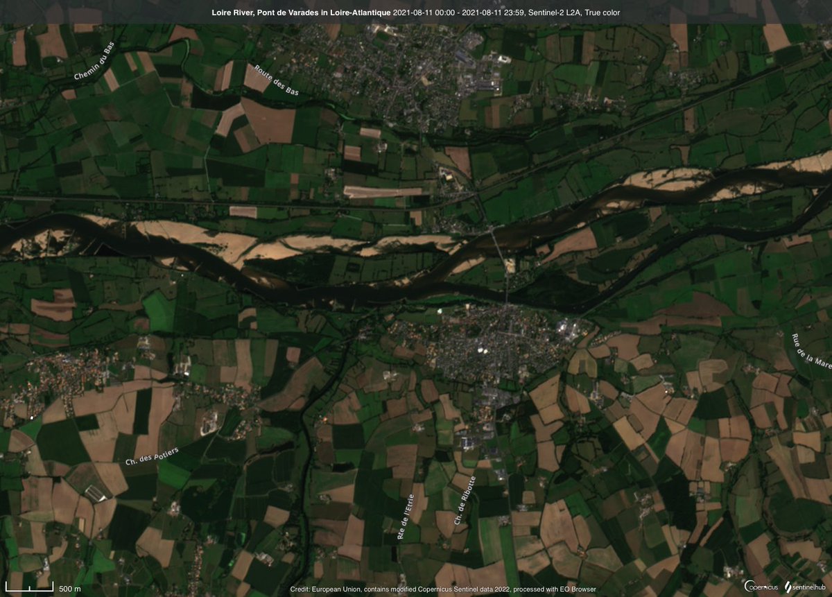 🔵 The Loire River at the Pont de Varades in Loire-Atlantique this year and as comparison last year as seen by #Copernicus🇪🇺 #Sentinel-2🛰️. Do you see the difference? Take a look yourself ➡️ sentinelshare.page.link/iixZ #Drought2022 #drought #ClimateCrisis #LaLoire #scicomm