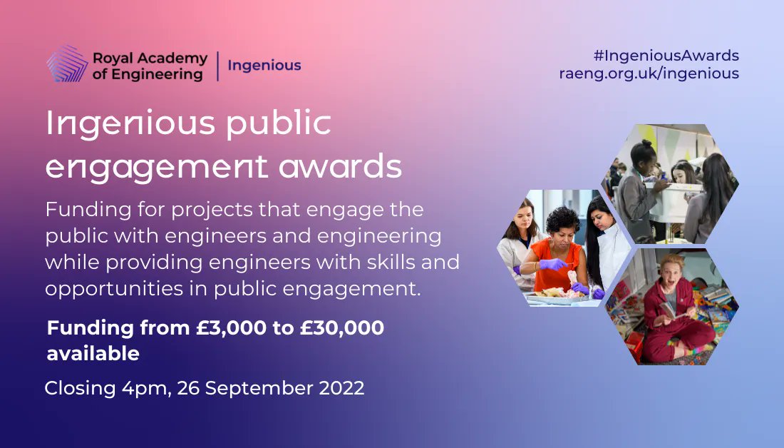 Have an imaginative idea to help engineers communicate their work? We want to hear from you! Apply for an #Ingenious grant of up to £30,000 raeng.org.uk/news/ingenious…