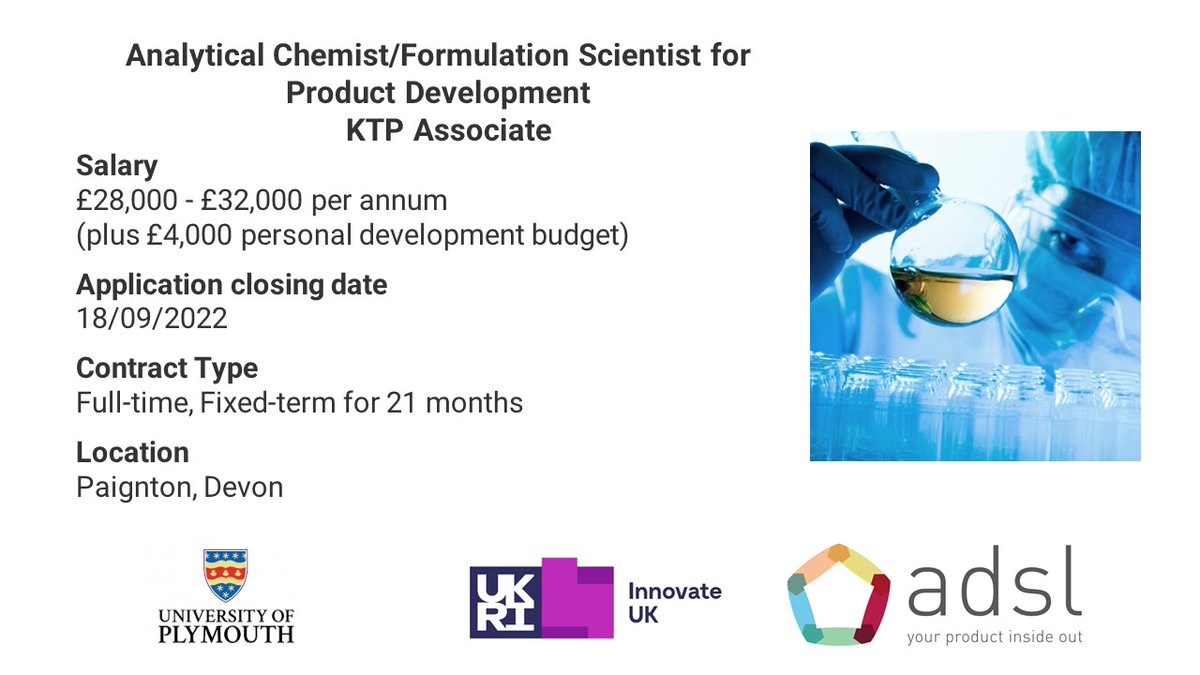 Uniplym_RnI's tweet photo. *We are hiring*
Fantastic #KTP job opportunity for graduates in Analytical Chemistry/Formulation Science to develop and embed a scientific method to certify the purity and quality of Cannabidiol (CBD), working with @PlymUni and ADSL 
To apply: https://t.co/Gpt2JWMbIw
Closes 18/09 https://t.co/dyZBRyhmz1