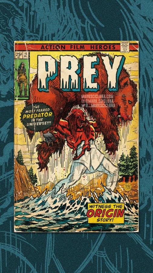 horrorlosers's tweet photo. El momento del PREDATOR y el oso de #PreyMovie, al estilo de la portada de un cómic de vieja escuela, por el artista @_MarkScicluna. https://t.co/RzBsk8JLfs