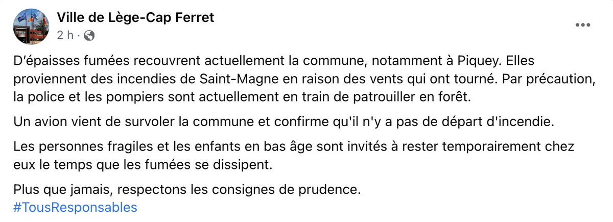 canoncapferret's tweet photo. Fumées épaisses sur la presqu'île du Cap Ferret, un avion a survolé la commune pour confirmer qu'il n'y avait pas de départ d'incendie, les patrouilles ont été intensifiées dans la forêt
#FeuxDeForêt #Gironde https://t.co/0w1IHSvwUK