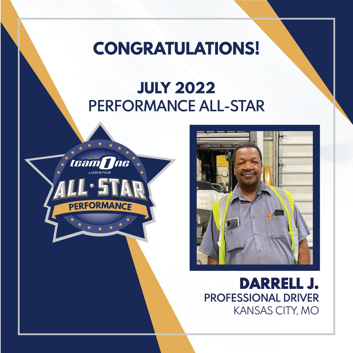 Team1Logistics's tweet photo. The July 2022 TeamOne Logistics Performance All-Star is Darrell J. (D.J.)! D.J. recently stepped up in leadership at his location and works diligently to keep safety as the focus for his team. Thank you, D.J., for your All-Star Performance. #TeamOneLogistics #AllStars https://t.co/2STswgX2q8