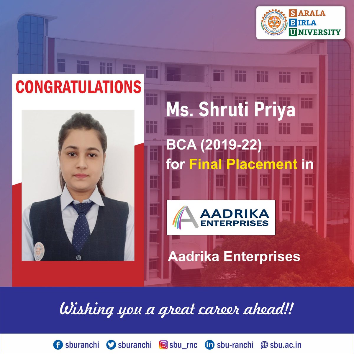 sburanchi's tweet photo. Congratulations to our BCA 2019-22 Batch students for their Final Placement in Aadrika Enterprises.
#sbu #sburanchi #campusplacement #finalplacement #BCA #BCAplacement #AadrikaEnterprises https://t.co/QtAdWsOKBs
