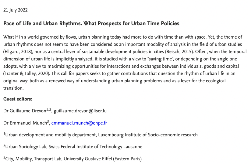 Dears. It is with great pleasure that we invite you to submit your papers for our special issue on Cities journal. With Emmanuel Munch, LVMT. 

<a href="/Liser_UDM/">LISER's Dept. of Urban Development and Mobility</a> <a href="/epflENAC/">EPFL-ENAC</a> <a href="/VincentKaufmann/">Vincent Kaufmann</a> <a href="/Gwiazdzinski/">Gwiazdzinski Luc</a> <a href="/TempoTerr/">Tempo Territorial</a> 
sciencedirect.com/journal/cities…