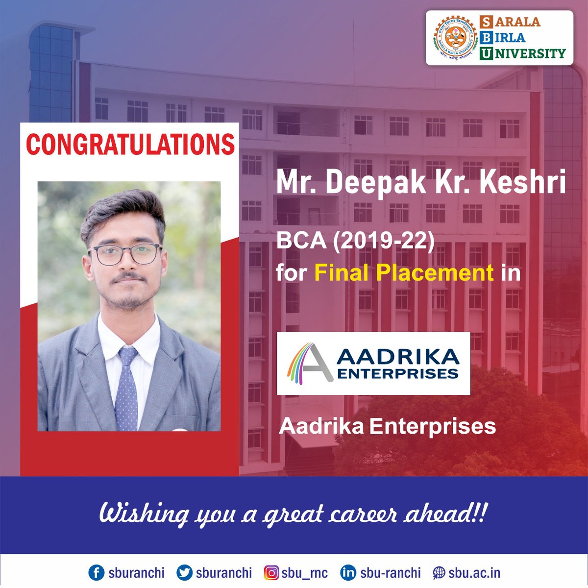sburanchi's tweet photo. Congratulations to our BCA 2019-22 Batch students for their Final Placement in Aadrika Enterprises.
#sbu #sburanchi #campusplacement #finalplacement #BCA #BCAplacement #AadrikaEnterprises https://t.co/ULD4hkAFtv