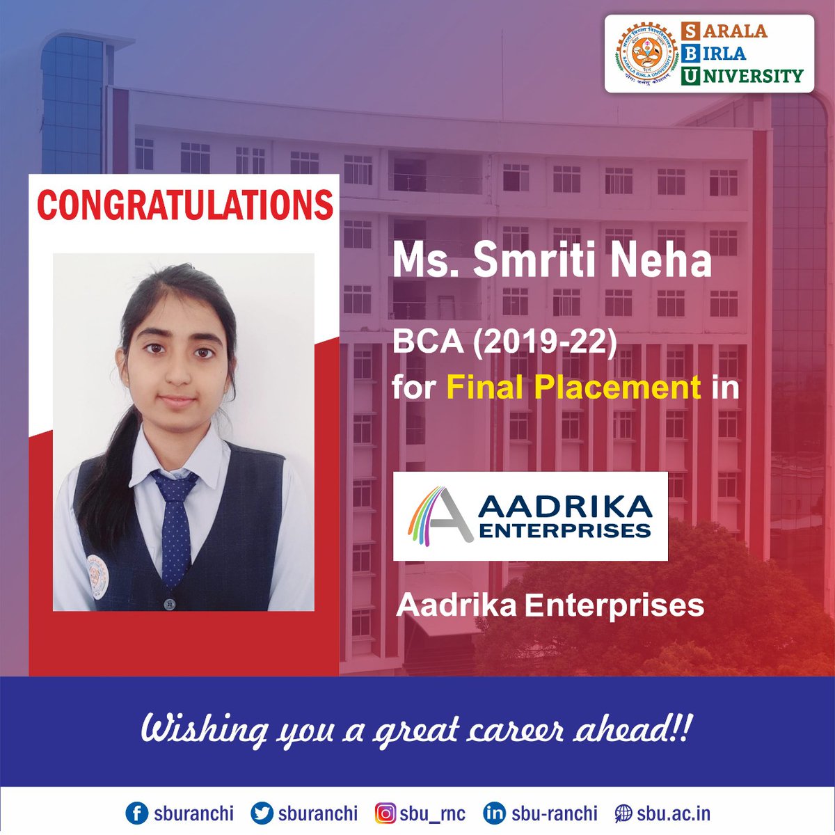 sburanchi's tweet photo. Congratulations to our BCA 2019-22 Batch students for their Final Placement in Aadrika Enterprises.
#sbu #sburanchi #campusplacement #finalplacement #BCA #BCAplacement #AadrikaEnterprises https://t.co/ULD4hkAFtv
