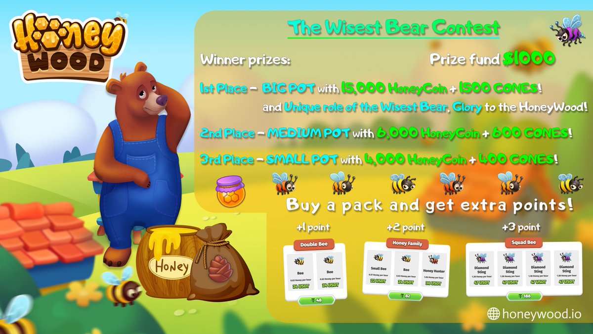 🐻<a href="/HoneyWood_Game/">HoneyWood</a> and ambassador.school🥷announce the Wise Bear Contest with a

🎁PRIZE POOL 1000 USDT🌋

⏰11.08 to 21.08

👉Like, retweet and tag 3 friends
👉Follow the instructions👇in the article
teletype.in/@ambassadors.s…

#Honeywood #AmbassadorsSchool #Contest #p2e #nft