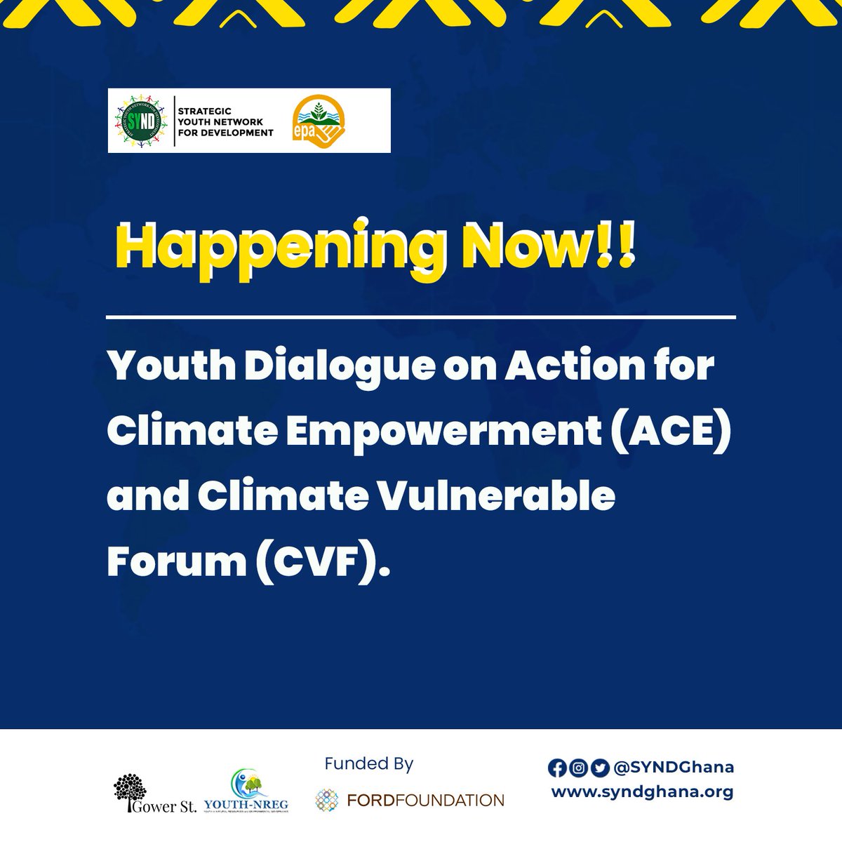 Follow <a href="/SYNDGhana/">Strategic Youth Network For Development(SYND)</a> for updates on the Youth Dialogue to develop a reporting Modalities for the Action Action for Climate Empowerment (ACE) in Ghana  &amp; Ghana's National plan for Climate Vulnerability Forum(CVF)
<a href="/EPA_Ghana/">Environmental Protection Authority</a> 
#ClimateActionGh