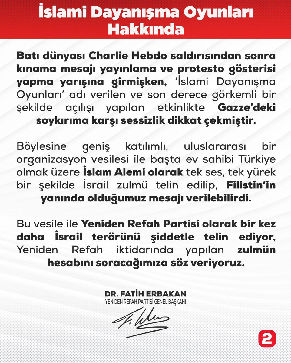 Genel Başkanımız Dr. Fatih Erbakan "İslami Dayanışma Oyunları" hakkında önemli açıklamalarda bulundu.