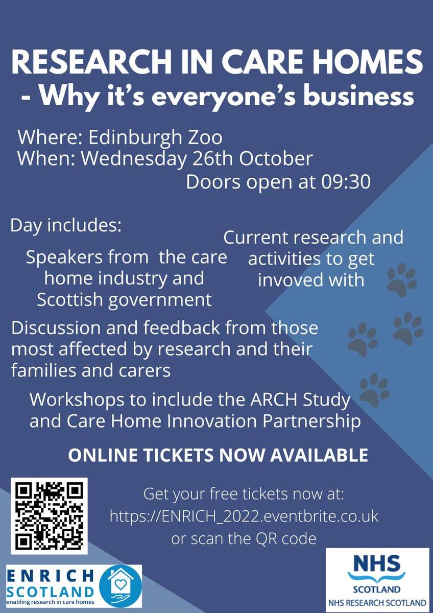 Only 4 weeks to the ENRICH Conference 2022 at Edinburgh Zoo. 
Congrats to those who secured an 'in person' ticket and remember you can still join us online on the day and find out why research in care homes is everyone's business.
Tickets available at: ENRICH_2022.eventbrite.co.uk