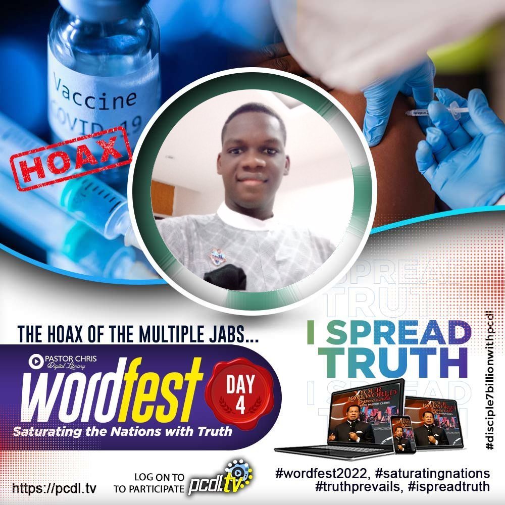 OYINBOLUWASEYI's tweet photo. Day 4! Wordfest 2022
TODAY'S TITLE: THE HOAX OF THE MULTIPLE JABS
HOW TO PARTICIPATE
Kindly log on to https://t.co/agTvXHn68n
Download the week 1 study guide and create your avatar.
#wordfest2022
#saturatingnations
#truthprevials
#ispreadtruth
#eer https://t.co/jnFgwgVIPt