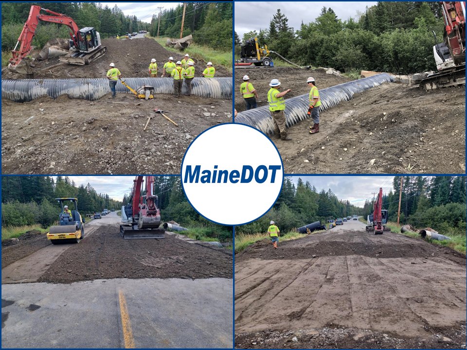 MaineDOT1's tweet photo. Here are some pictures of the work to repair the culvert wash-out on Route 6/15 in Jackman. Traffic was restored to the road last night. Thanks to our maintenance and environmental staff for their hard work these past few days. #MaineDOT https://t.co/u2hGBLxcVo
