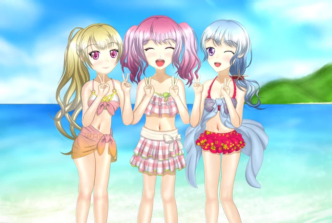 みんなでかにさんピース #バンドリ #ガルパ #丸山彩 #白鷺千聖 #松原花音 #水着 #ピースサイン  