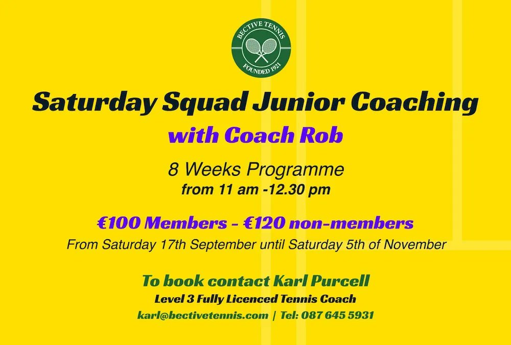 BectiveTennis's tweet photo. Saturday Squads for juniors is back this September with Rob. Sign up today!
#Bective101 #BectiveJuniors #HitTheCourts https://t.co/7BndqIRZQA