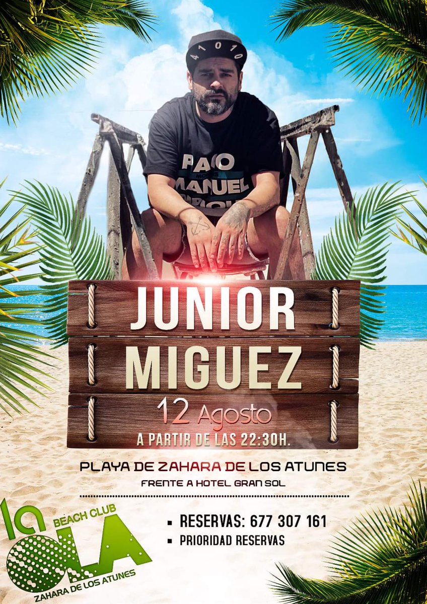 Este Viernes 12 de Agosto a partir de las 22:30 horas, <a href="/JuniorMiguez/">Principe de los gatos</a> estará cantando en directo en <a href="/LaOlaBeachClub/">LaOlaBeach</a> en Zahara de los Atunes.

Recordad reservar mesas.
Reservas:677307161-Aforo Limitado/Prioridad Reservas.

➕INFO👇👇👇