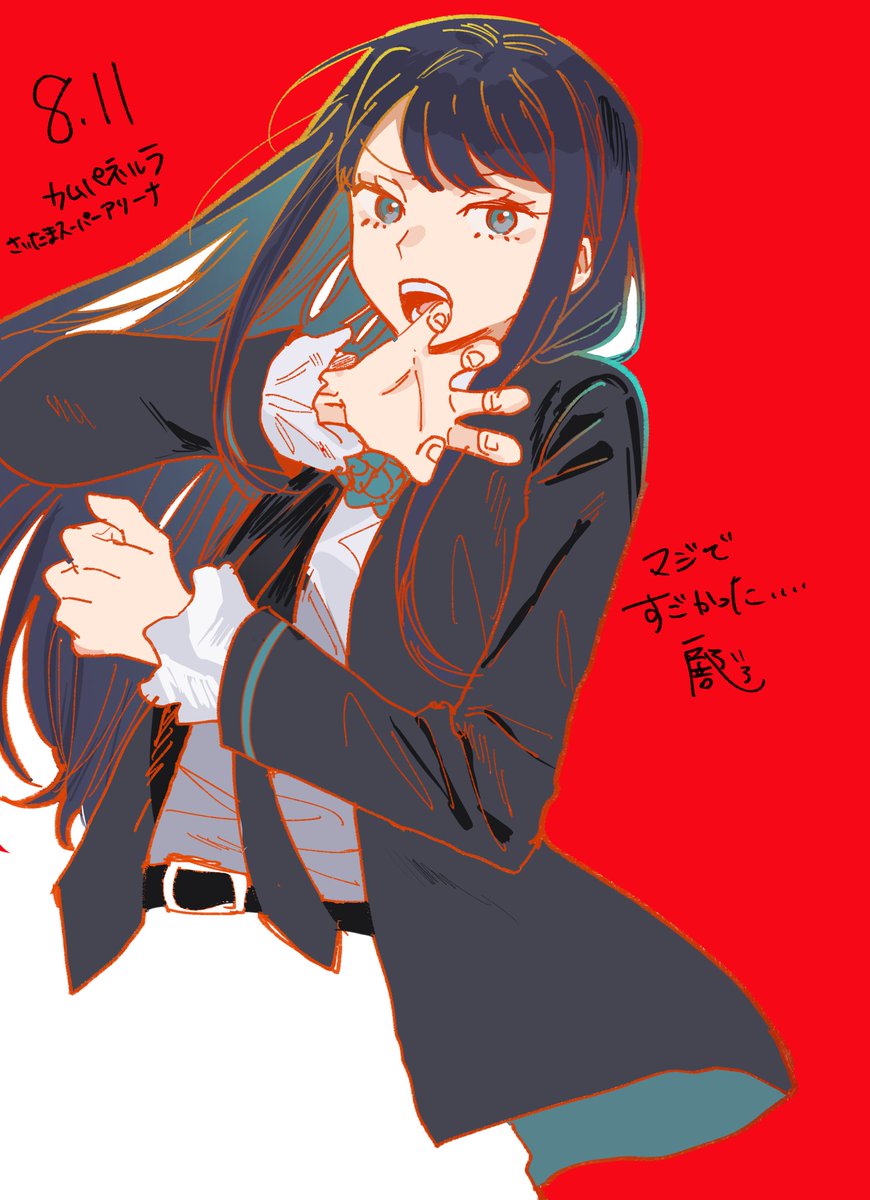 1girl solo long hair red background open mouth belt jacket  illustration images