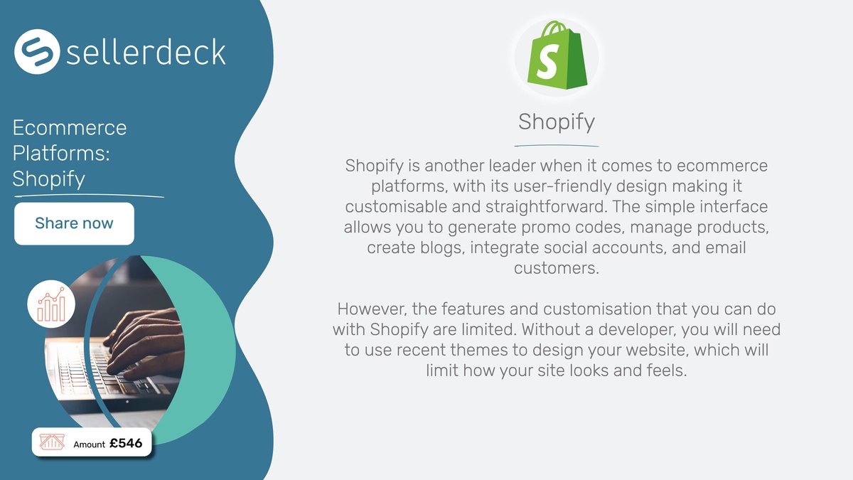 Sellerdeck's tweet photo. WooCommerce, Magento & Shopify
Last but not least, we have Shopify! Their user-friendly design is perfect for those without developer experience.
Click here for more information >>> https://t.co/57m1jy31sR
#websiteplatforms #woocommerce https://t.co/WMXeNmJ4ij
