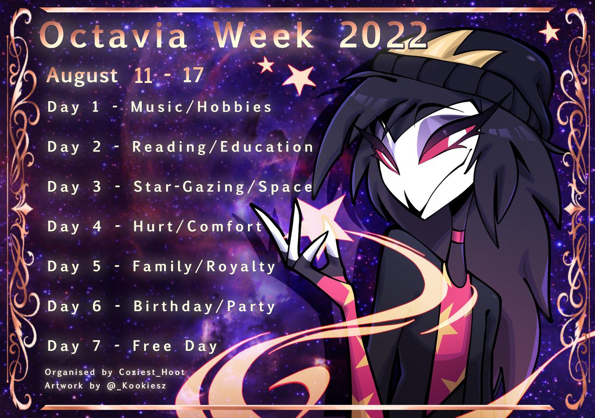OctaviaWeek2022's tweet photo. Happy Octavia Week everyone! Make sure to follow the prompt card! 

Day 1: Music/Hobbies

#HelluvaBoss #OctaviaWeek2022 https://t.co/Pi1g0Id6Q2
