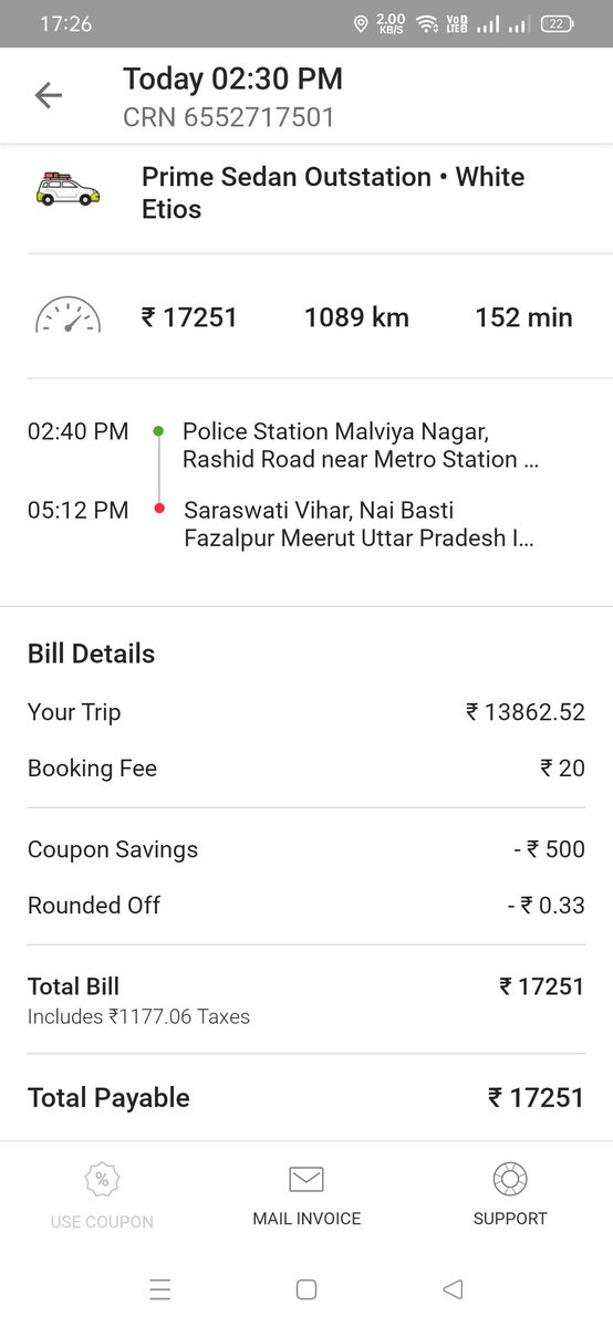jagdish081's tweet photo. @Olacabs for an 89 km journey I have been charged for 1089 km. And you are showing I travelled 1089 km in 152 min. Was your cab driver flying an aeroplane? Please resolve this issue. https://t.co/ZhMsXN5rrr