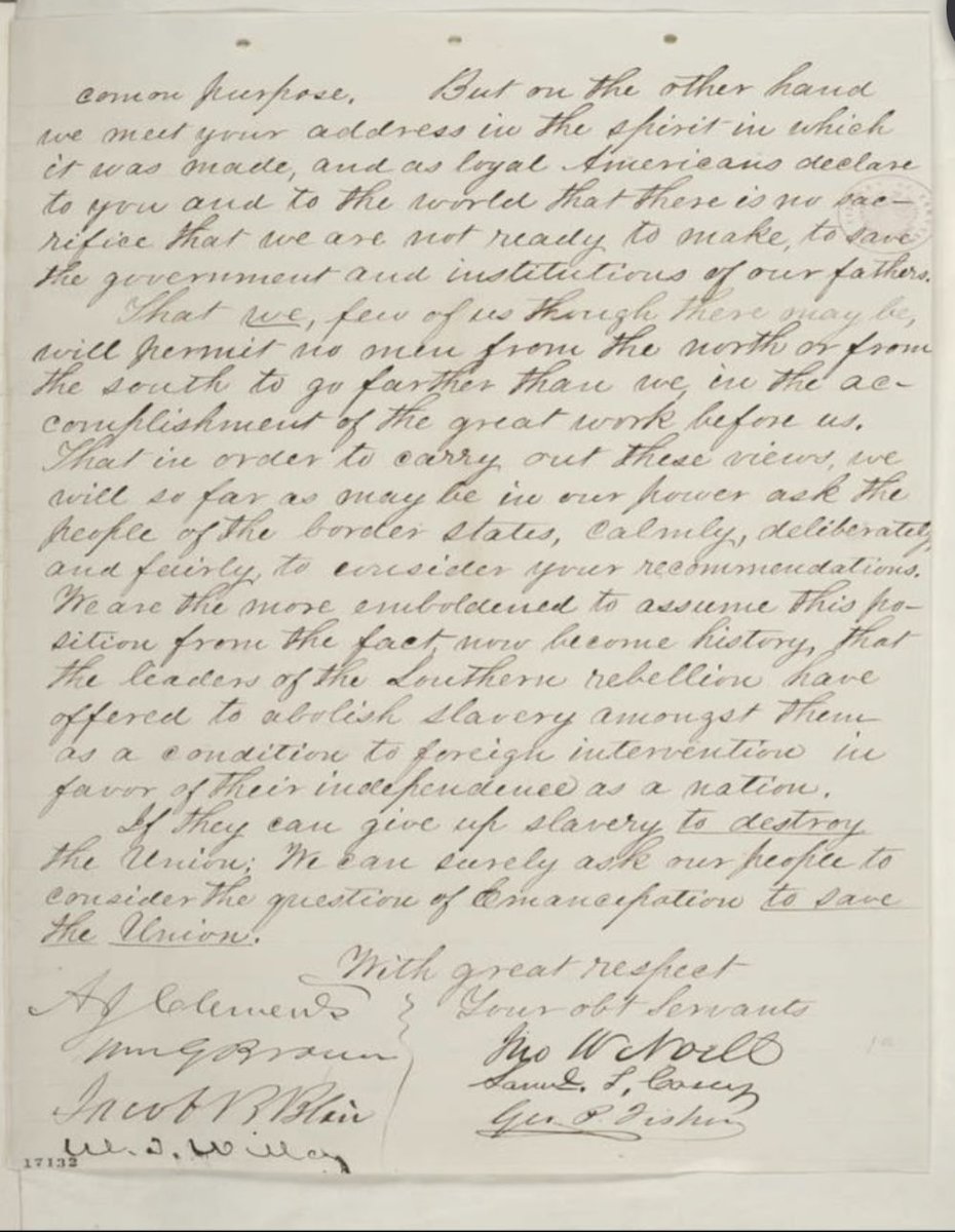 jjfThompson's tweet image. Border State Congressmen to Abraham Lincoln, Tuesday, July 15, 1862 (Minority response to Lincoln's proposal for compensated emancipation)
*Proof that the CSA was willing to emancipate in return for foreign recognition. It was independence they sought, not “protecting slavery.”