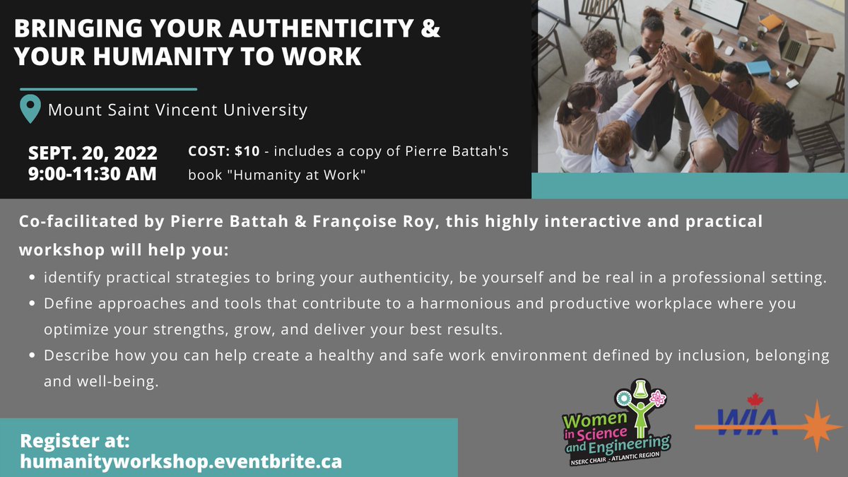 We're excited to partner with <a href="/WomeninAero/">Women in Aerospace</a> Canada to offer you a workshop on Bringing your Authenticity &amp; Humanity to Work, facilitated by <a href="/pierrebattah/">Pierre Battah</a> and <a href="/FrannFrancoise/">Françoise Roy</a>! 

Register today: humanityworkshop.eventbrite.ca