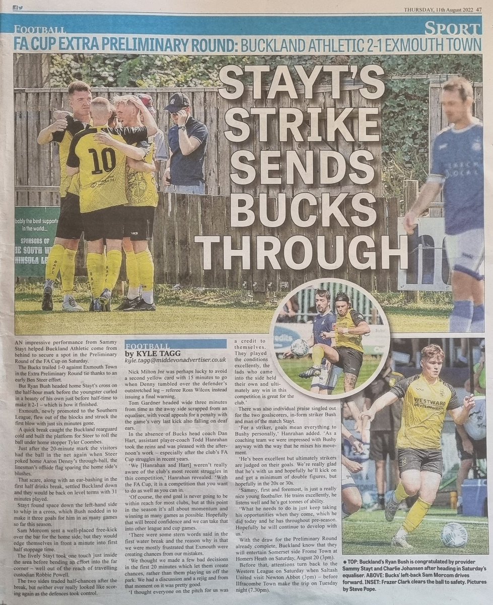 📃 | In the news

Superb coverage from last weekend's 2-1 <a href="/EmiratesFACup/">Emirates FA Cup</a> win in today's <a href="/mdaupdates/">Mid-Devon Advertiser</a> 👏

Following the news that <a href="/kyletagg/">Kyle Tagg</a> is leaving his role in September, the club would like to thank him for his brilliant work with us &amp; raising the profile of local football 💛⚽️